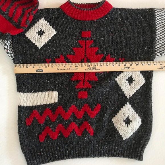 Vintage Chunky Geometric Grey White and Red Mock Turtleneck Sweater - Picture 4 of 8